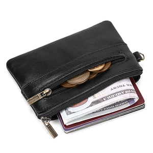 Close-up of black crazy horse leather wallet with double zippers and coin storage