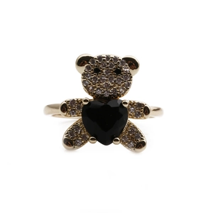 Adjustable bear ring with black heart zircon and sparkling pave crystals in gold and silver