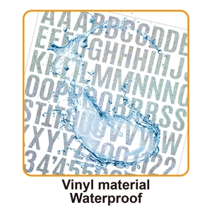 Close-up of waterproof silver glitter vinyl letter stickers shown with water splashing effect