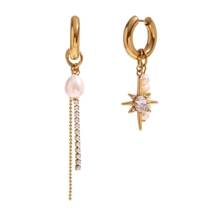 Asymmetric gold star and pearl drop earrings with sparkling cubic zirconia accents
