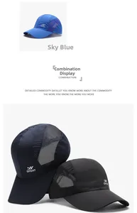 Detail der Mesh-Einsätze an schnelltrocknenden Baseballkappen in Marine und Hellblau