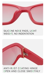 Detail view of silicone nose pads and anti-rust metal hinges on red fashion sunglasses