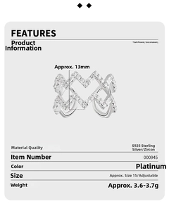 Detailed technical chart showing S925 silver wavy ring dimensions and zircon specs