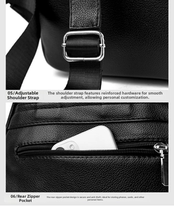Detail view of black lychee leather backpack with adjustable straps and anti-theft back pocket