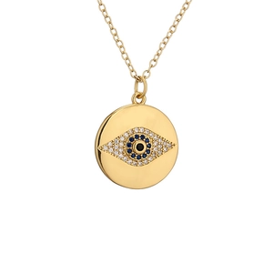 Golden necklace featuring a geometric evil eye pendant with blue zircons and white crystals