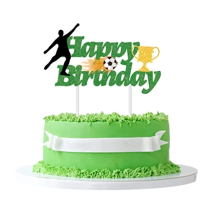 Glittery green soccer Happy Birthday cake topper with football player and trophy silhouette