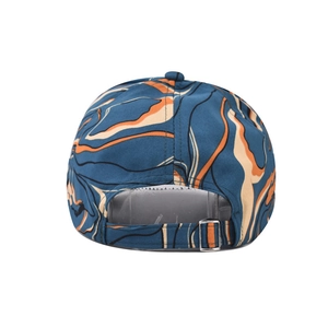 Detail view of tie-dye marble print baseball cap with adjustable silver metal buckle back