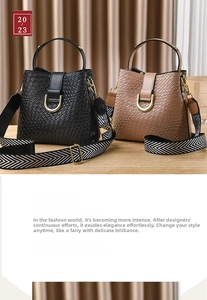 Detail of crocodile embossed leather bucket bags in black and brown with woven straps