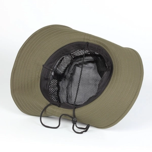 Detail of army green outdoor sun hat showing black mesh lining and adjustable chin strap