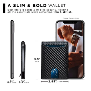 Slim carbon fiber wallet for men with RFID protection and specific dimension measurements