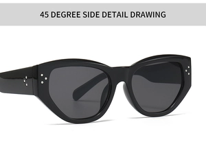 Detailansicht der Cateye-Sonnenbrille mit silbernen Nieten und grauen Gläsern im 45-Grad-Winkel