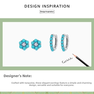 Detail view of S925 silver turquoise flower studs and hoop earrings set with zircon