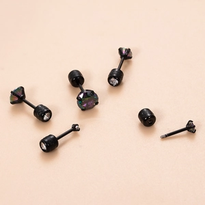 Black stainless steel cartilage stud earrings with mystic rainbow cubic zirconia stones