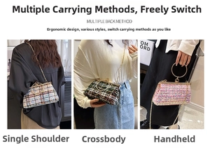 Three ways to wear the tweed handbag with golden chain strap and round metal handle