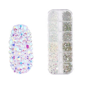 Detail of 12-grid storage box with colorful flatback AB rhinestones for nail art DIY