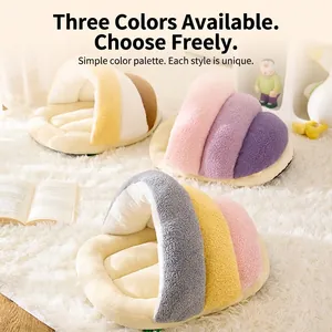 Cozy semi-enclosed plush cat cave bed for small dogs, cloud fleece warm pet house in three colors