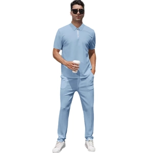 Men's light blue casual track suit with half-zip short sleeve polo and matching trousers