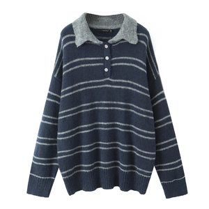 Women Striped Knitted Sweater Polo Collar Long Sleeve Loose Pullover Contrast Color Elegant Autumn Winter Top