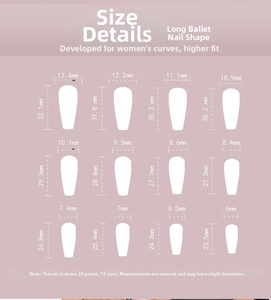 Size chart for long coffin glitter bat press-on nails showing 12 different dimensions