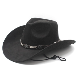 Black faux suede western cowboy hat with wide brim and decorative leather star band