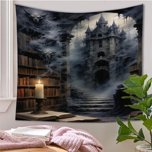 Gothic castle and ghost tapestry detail showing dark fantasy library with candles