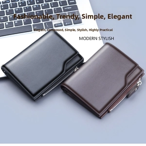Detail view of business leather wallets in black and brown with litchi texture and zipper