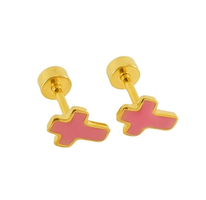 Detail of pink enamel cross stud earrings with secure gold screw-back design