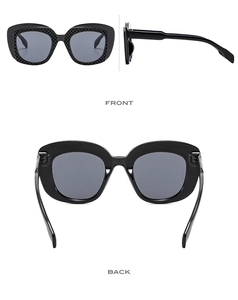 Front and back view of oversized black hip-hop sunglasses with high-gloss finish