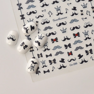 5D embossed nail stickers set with gentleman motifs like mustache, hat and bow ties