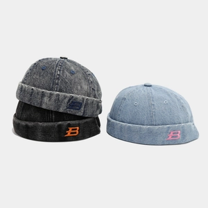 Three colors of denim docker hats with B letter embroidery in blue and black