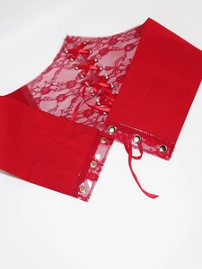 Detail of red floral lace corset belt with elastic band and front ribbon lacing for women
