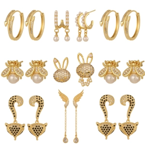 Copper Gold Plated Stud Earrings With Zircon Rabbit Bee Leopard Artificial Pearl Animal Wings Arrow Fashion Jewelry For Women