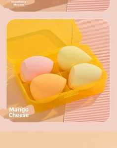 Detailed view of colorful makeup sponge set with four egg-shaped puffs in a plastic box