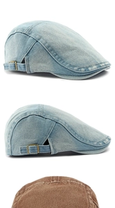 Détails d'une casquette Ivy en denim lavé avec boucle en métal et surpiqûres