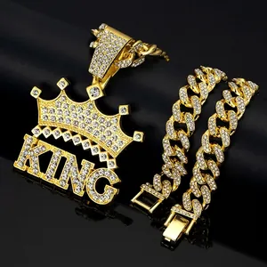 Hip Hop Men Necklace King Crown Letter Pendant Alloy Iced Out Rhinestone Cuban Link Chain Jewelry Gift