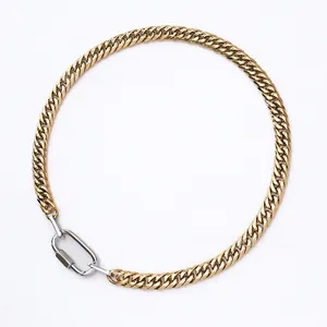 Polished two-tone stainless steel Cuban chain necklace with silver carabiner clasp lock