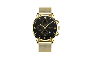 Macro view of gold mesh watch band with black three-eye dial and Roman numerals