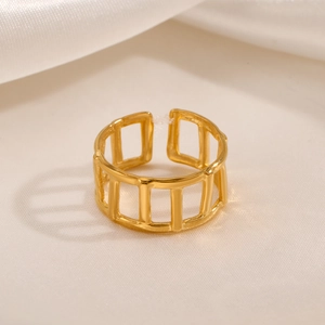 Minimalist 18K gold plated stainless steel geometric open ring on white silk background
