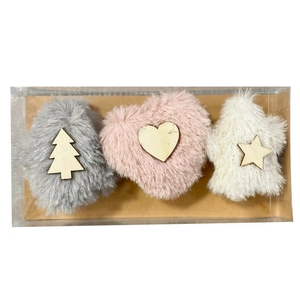 Plush Christmas tree heart and star ornaments set with wooden accents in a gift box