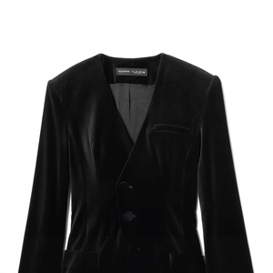 Women's black slim fit velvet blazer with V-neck and premium glossy fabric texture