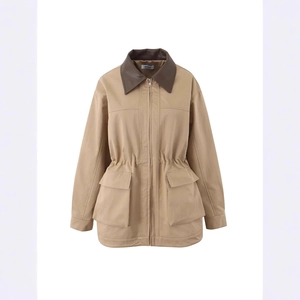 Loose fit khaki utility trench coat with brown leather collar and waist drawstring