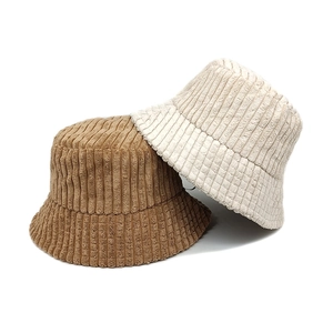 Classic wide-striped corduroy bucket hat in brown and cream white for autumn and winter