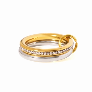 Dual-layer 18K gold plated ring with silver band and sparkling cubic zirconia stones