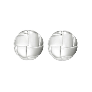 Detail view of round silver stainless steel stud earrings with woven texture pattern