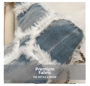 Macro view of washed blue denim fabric with white faux fur trim and silver chain detail