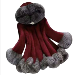 Women's burgundy faux fur hooded coat with grey fur trim, elegant long-sleeve winter jacket
