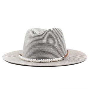 Classic light grey fedora straw hat with brown leather band and white stone accents