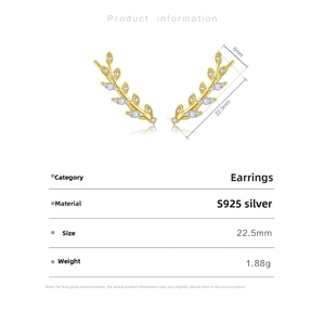 Detailed view of wheat leaf S925 silver earrings with marquise zircon stones and 22.5mm scale