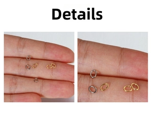 Detail shot of 18k gold plated oval jump rings shown on fingertips for size comparison