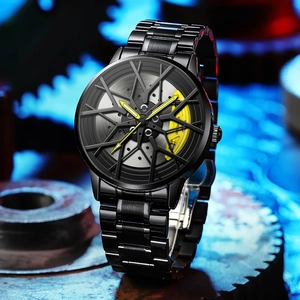 Racing wheel rim watch for men with black stainless steel band and yellow caliper detail